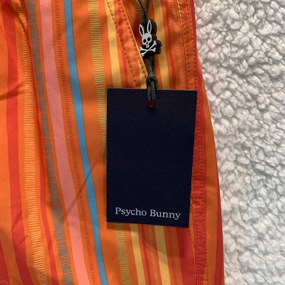 Psycho Bunny Men's Swim Shorts S Trunks Anton All Over Stripe‎ Nectarine Liner